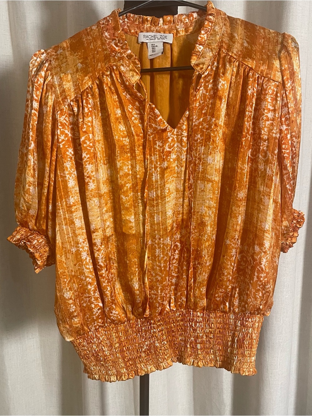 Rachel Zoe Orange Printed Ruffled V-Neck Blouse